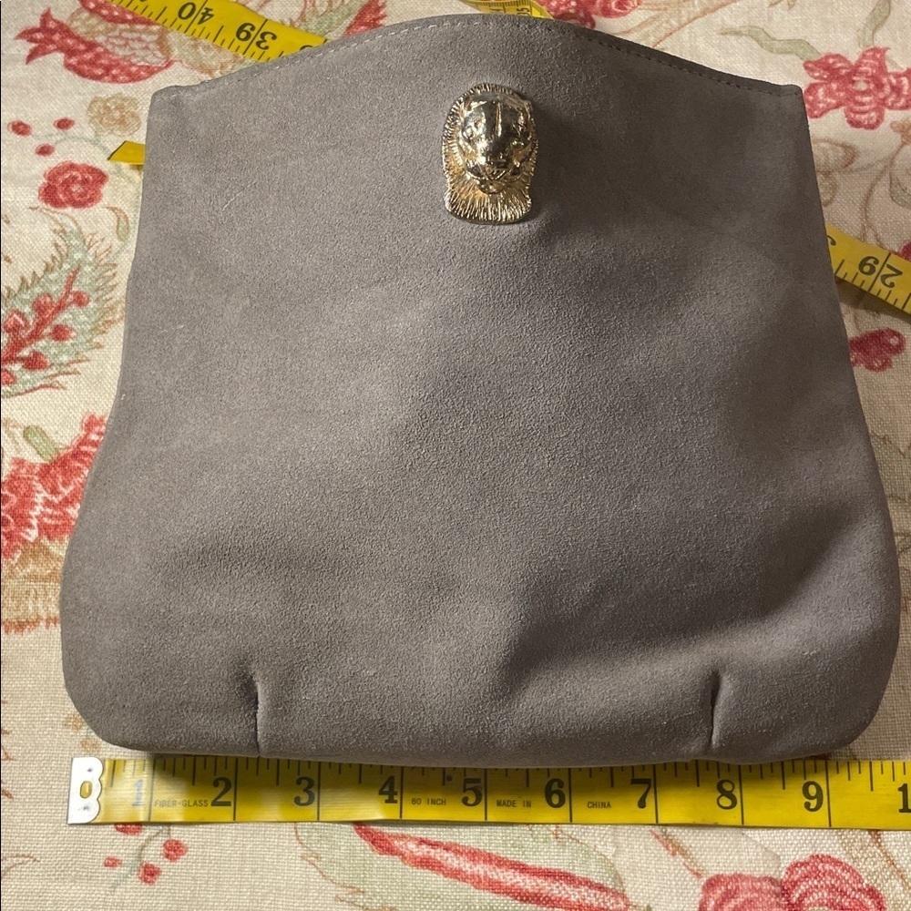 Ruth Saltz Vintage Gray Suede Shoulder Bag with Gold Accents Cougar Head - Picture 5 of 16